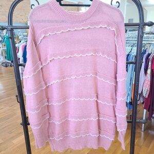 Mazik Pink White Ruffled Long Sleeve Sweater Size Large